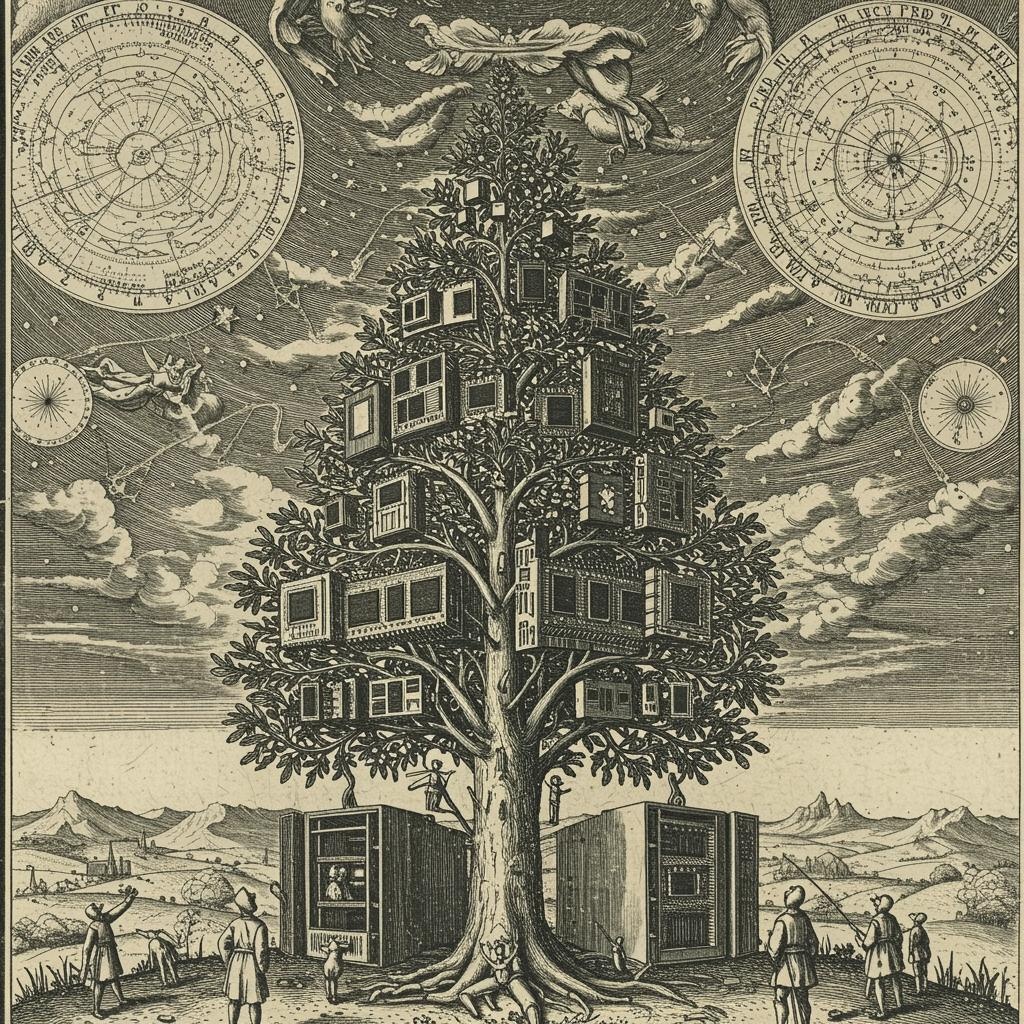 A tree bearing server racks and screens, surrounded by celestial diagrams and scholars, in the style of a Renaissance engraving