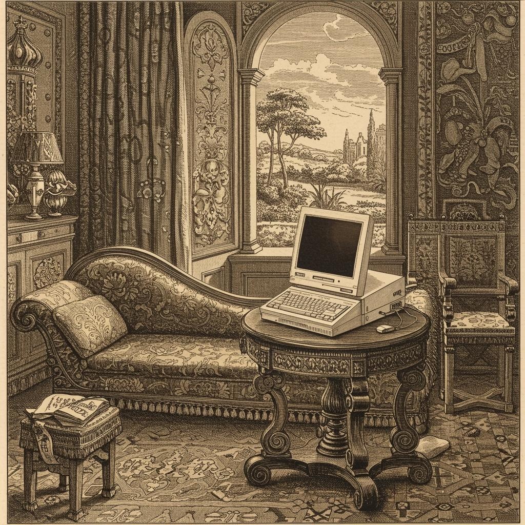 A personal computer in an ornate Renaissance parlor, in the style of an engraving
